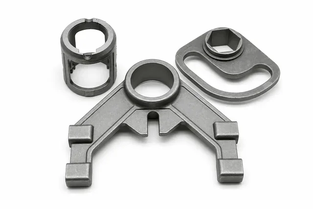 Die-cast metal components with structural openings.